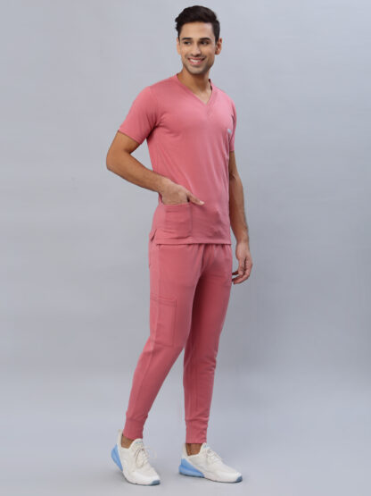 made for new age doctors trendy and mondern looking french joggers scrub suit for men in mauve colour